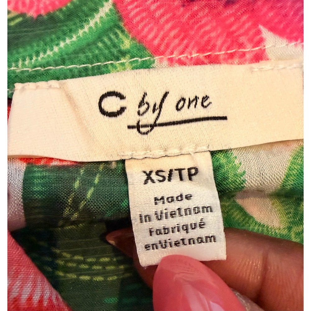 C by One Tropical Floral Button Down Shirt Pink Green XS Resort Vacation Miami - Picture 11 of 13
